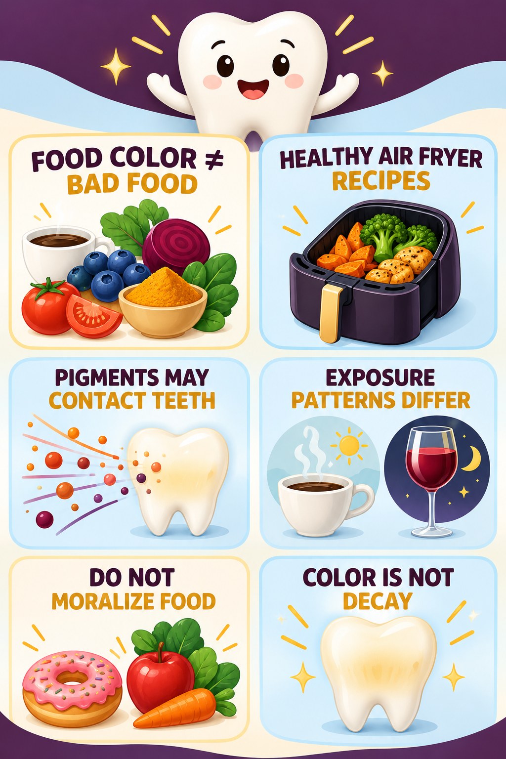 Pigmented Foods Without Food Fear infographic for Healthy Air Fryer Recipes with four concise tooth-discoloration safety points.