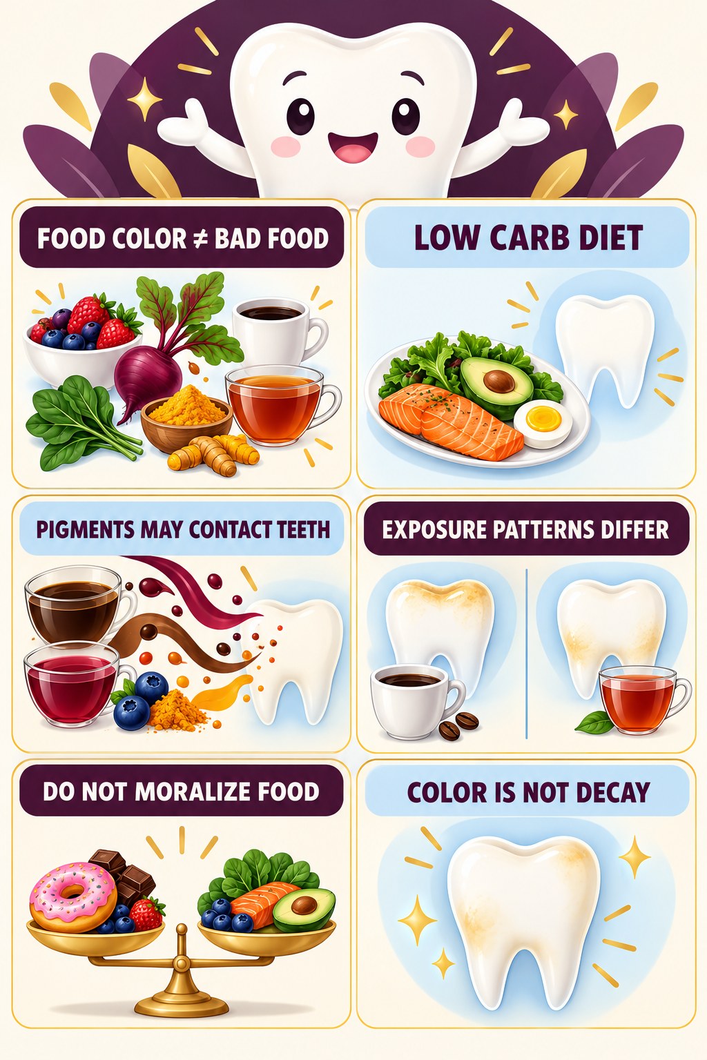 Pigmented Foods Without Food Fear infographic for Low Carb Diet with four concise tooth-discoloration safety points.