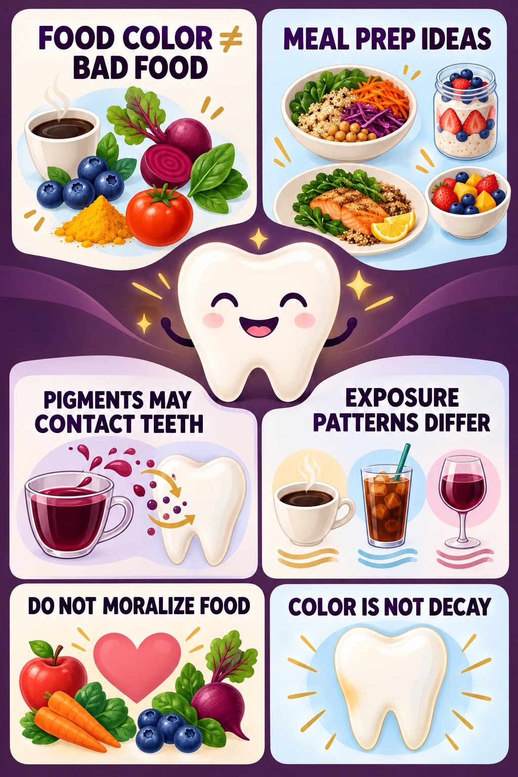 Pigmented Foods Without Food Fear infographic for Meal Prep Ideas with four concise tooth-discoloration safety points.