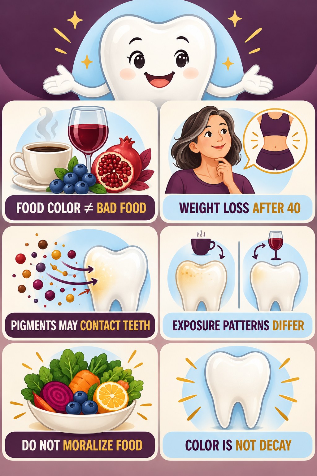 Pigmented Foods Without Food Fear infographic for Weight Loss After 40 with four concise tooth-discoloration safety points.