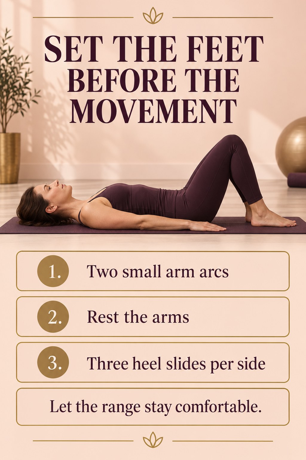 Adult resting on a Pilates mat with bent knees, feet flat, and arms beside the body.