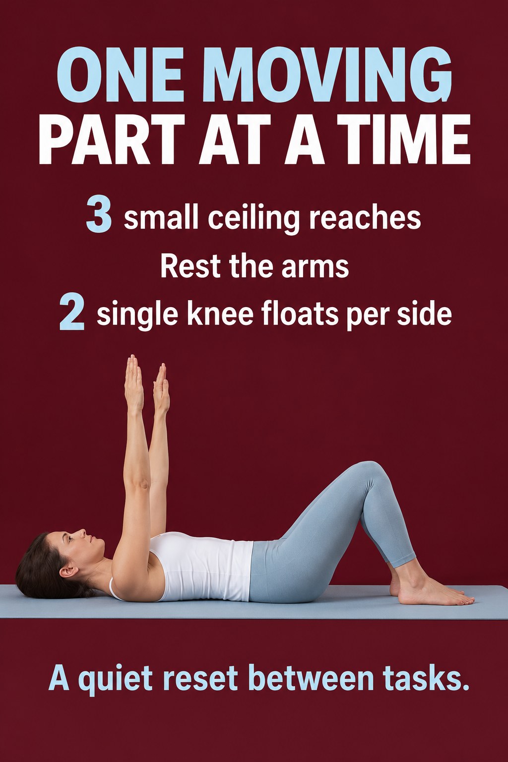 Adult lying on a mat with knees bent and arms reaching toward the ceiling.