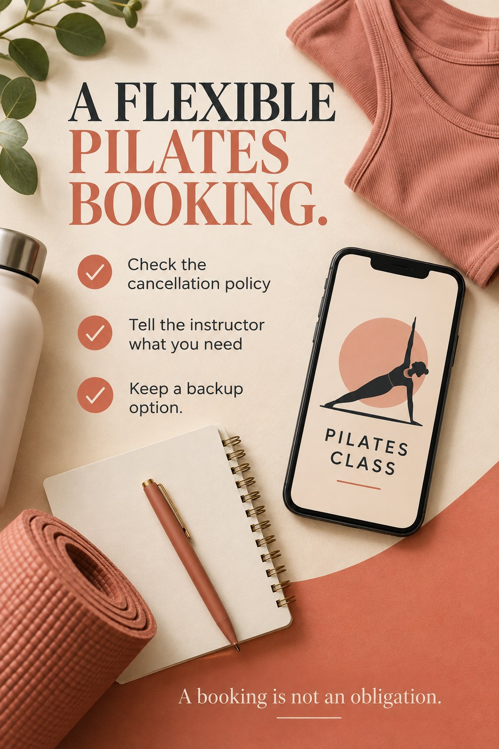 Phone with a simple Pilates class card beside a notebook and folded exercise clothes.