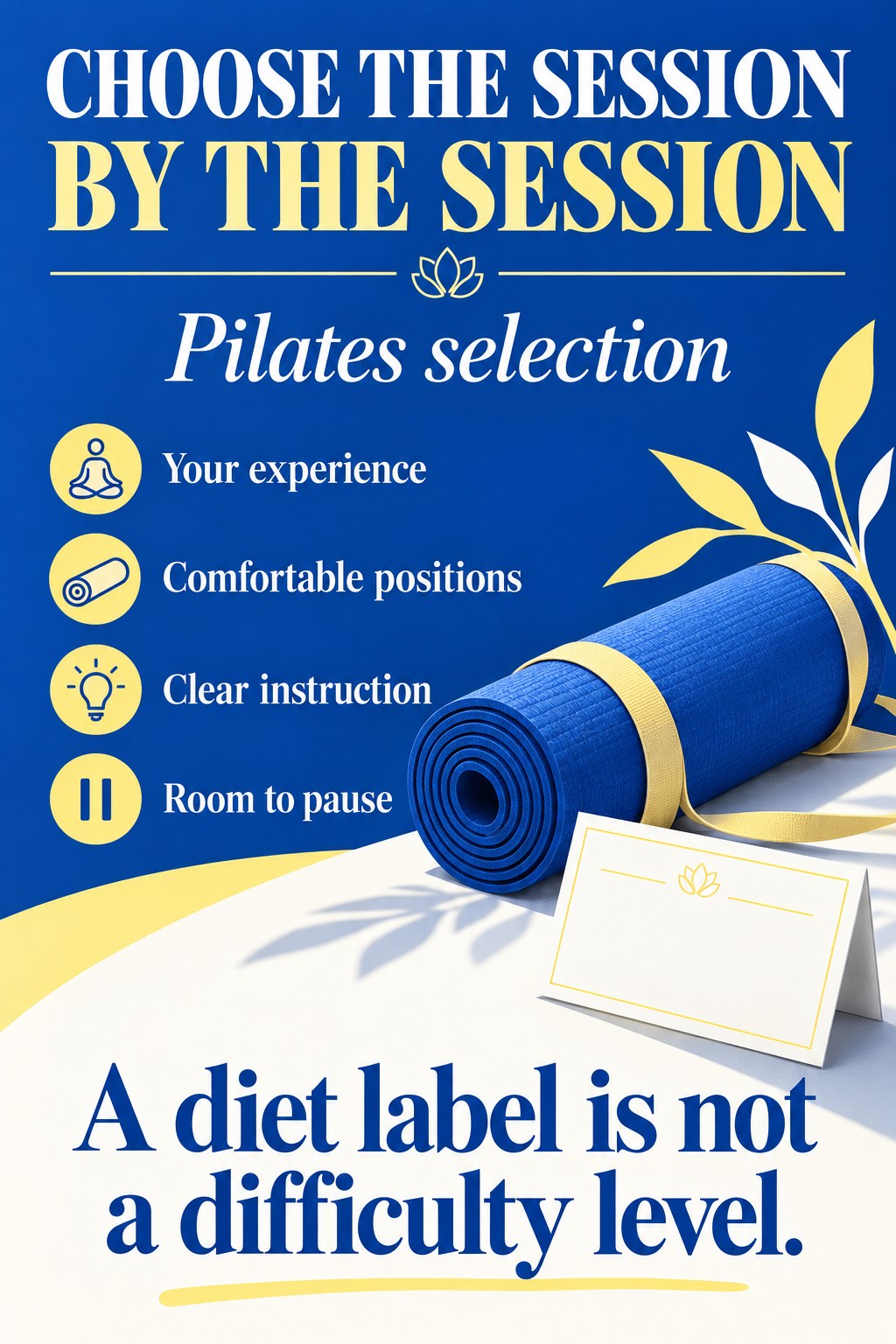 A blue rolled Pilates mat and a blank lesson card beside a session selection checklist.