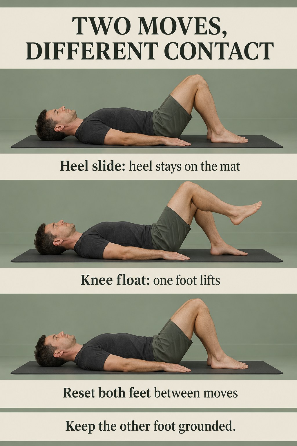 Three views show a Pilates starting position, a single knee float with the other foot grounded, and both feet returned to the mat.