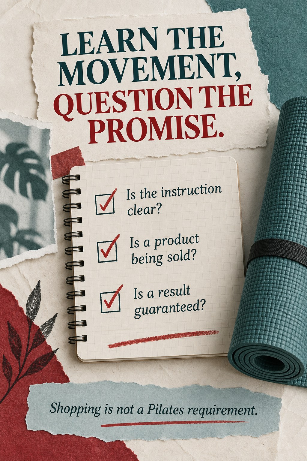 Pilates mat and notebook with a simple checklist for reviewing exercise advice.