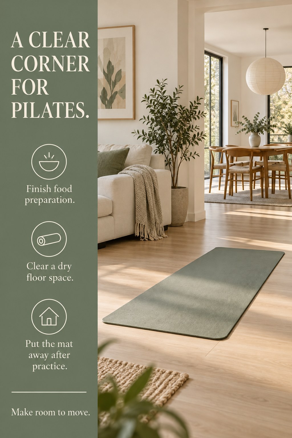 Clean Pilates mat in a clear living-room corner with a dining area visible beyond it.
