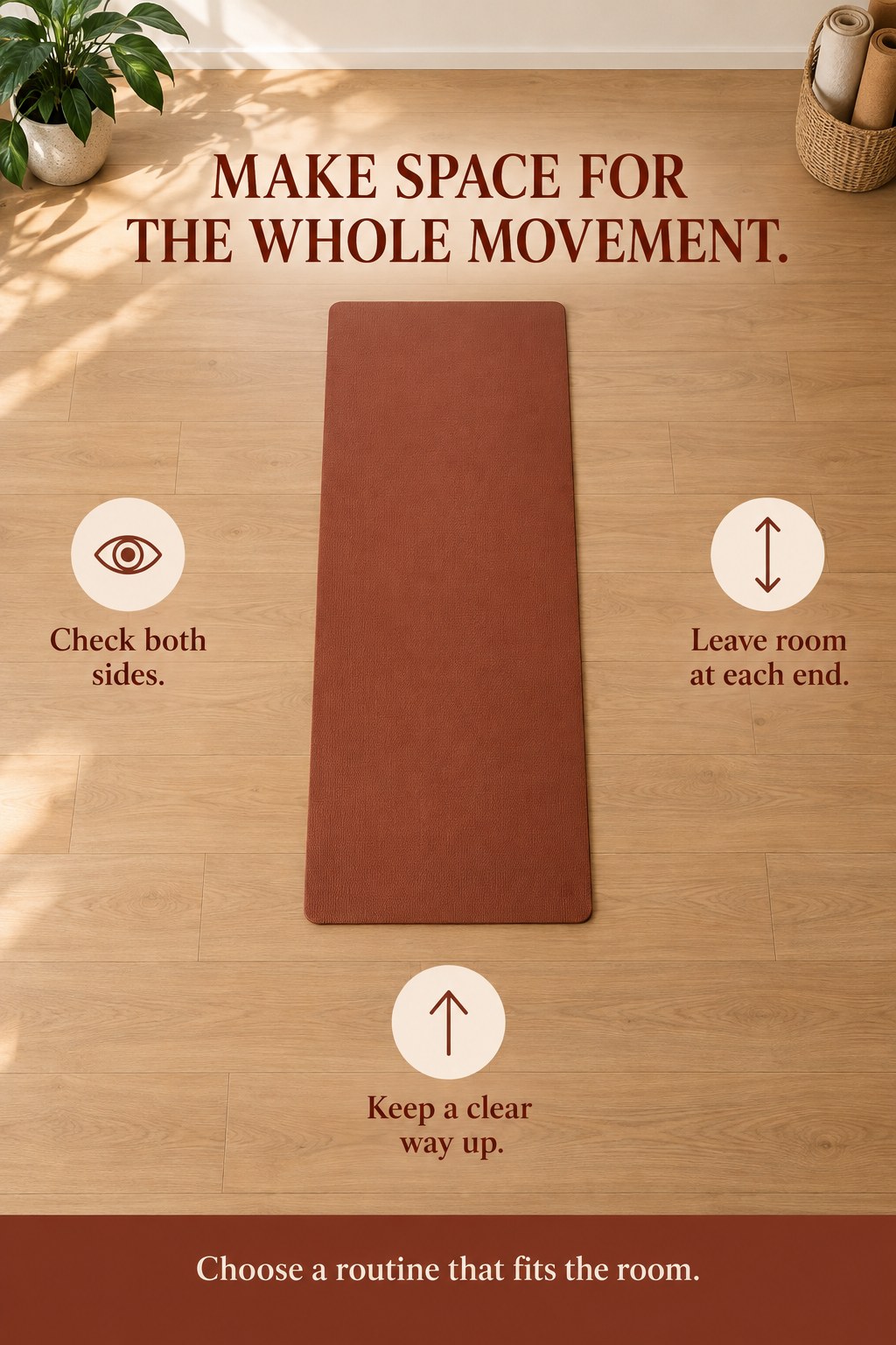 Pilates mat centered in a clear room with visible free space on both sides and at each end.
