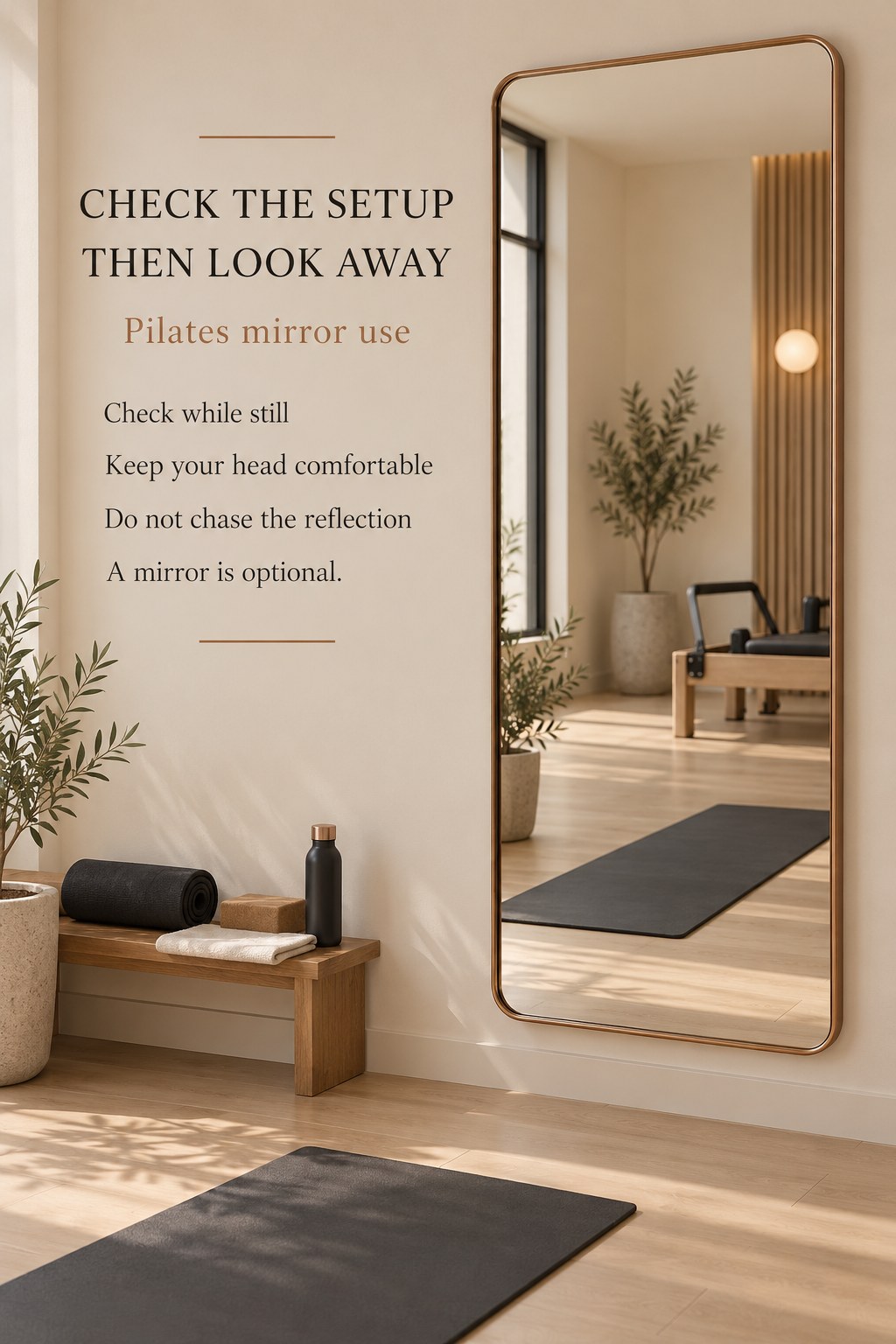 A securely positioned wall mirror reflects an empty Pilates mat in a clear room.