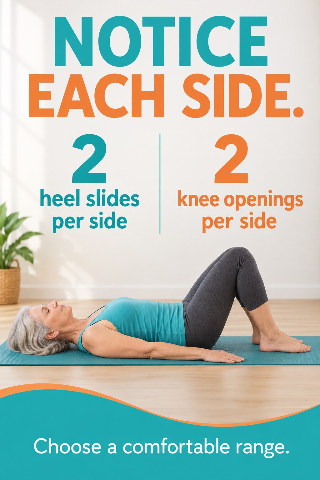Adult resting on a Pilates mat with knees bent and feet comfortably apart.