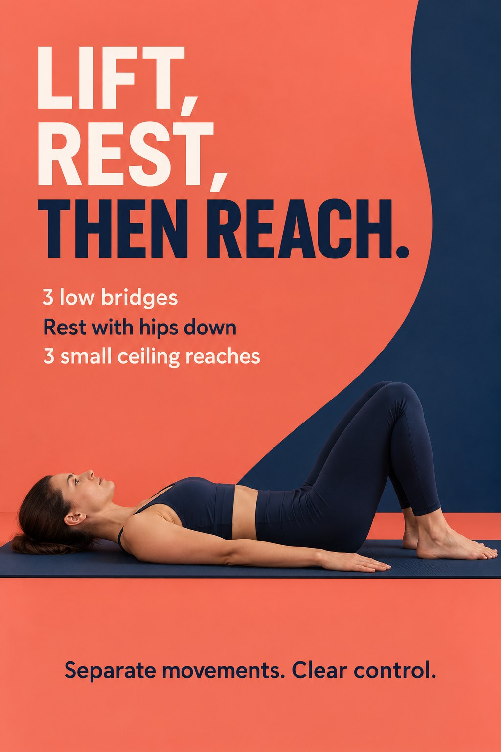 Adult resting on a mat with bent knees and grounded feet before a short Pilates sequence.