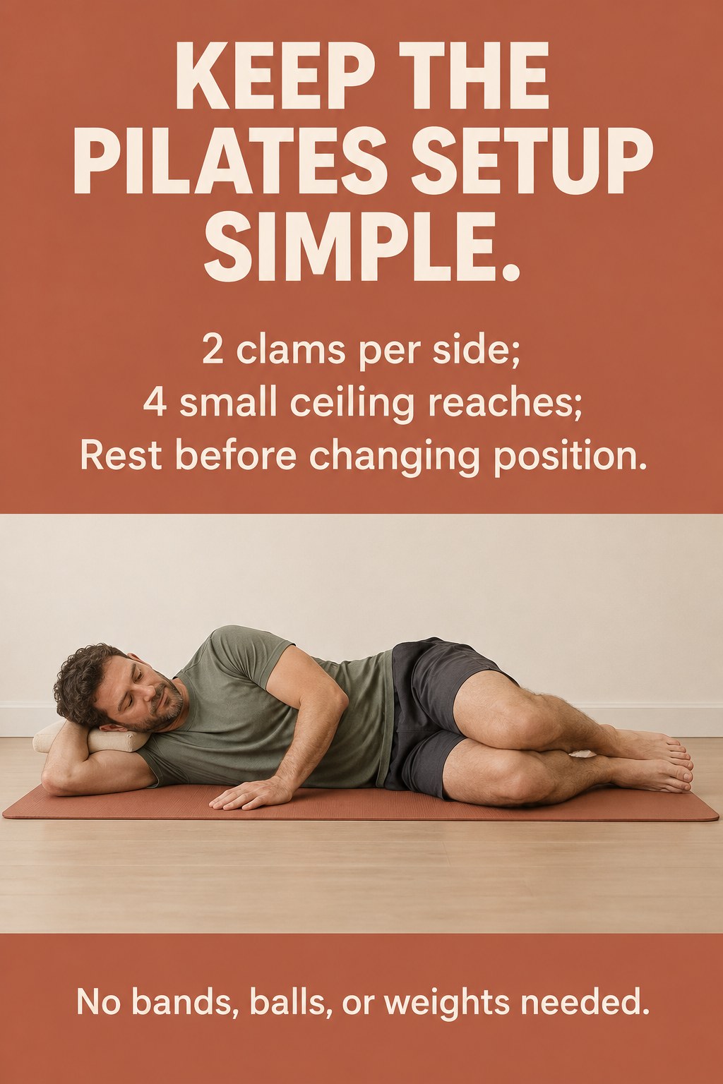 Adult lying on one side on a plain exercise mat with bent knees and a small head cushion.