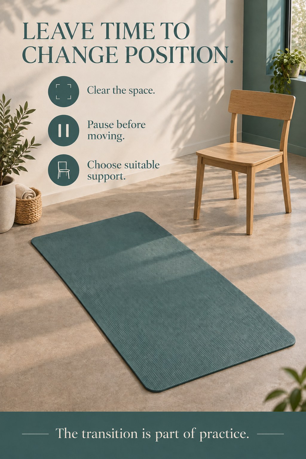 Clear Pilates practice area with a mat and stable chair beside it, leaving an unobstructed route.