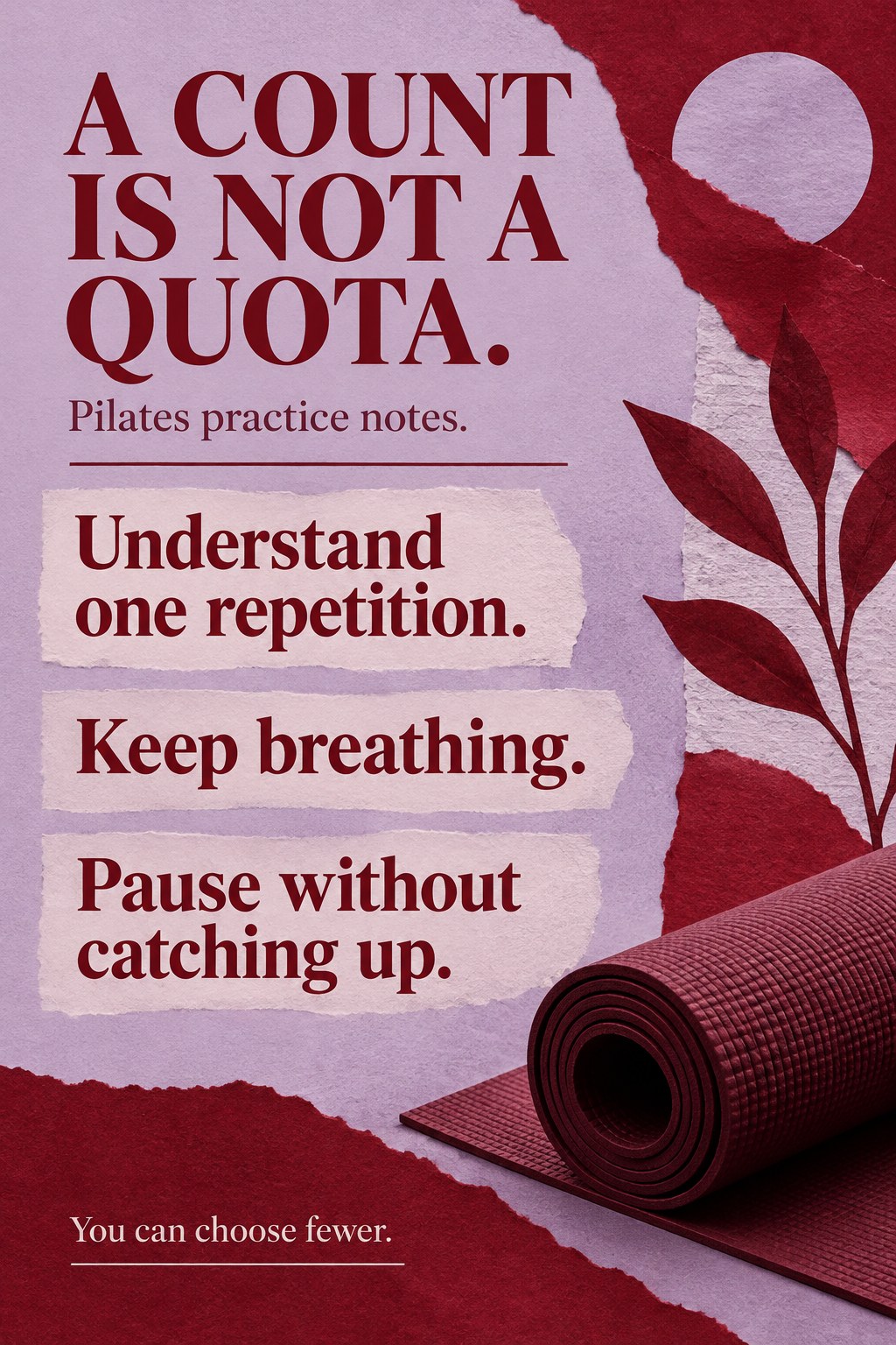 Pilates practice note beside a mat with the words count, breathe, and pause.