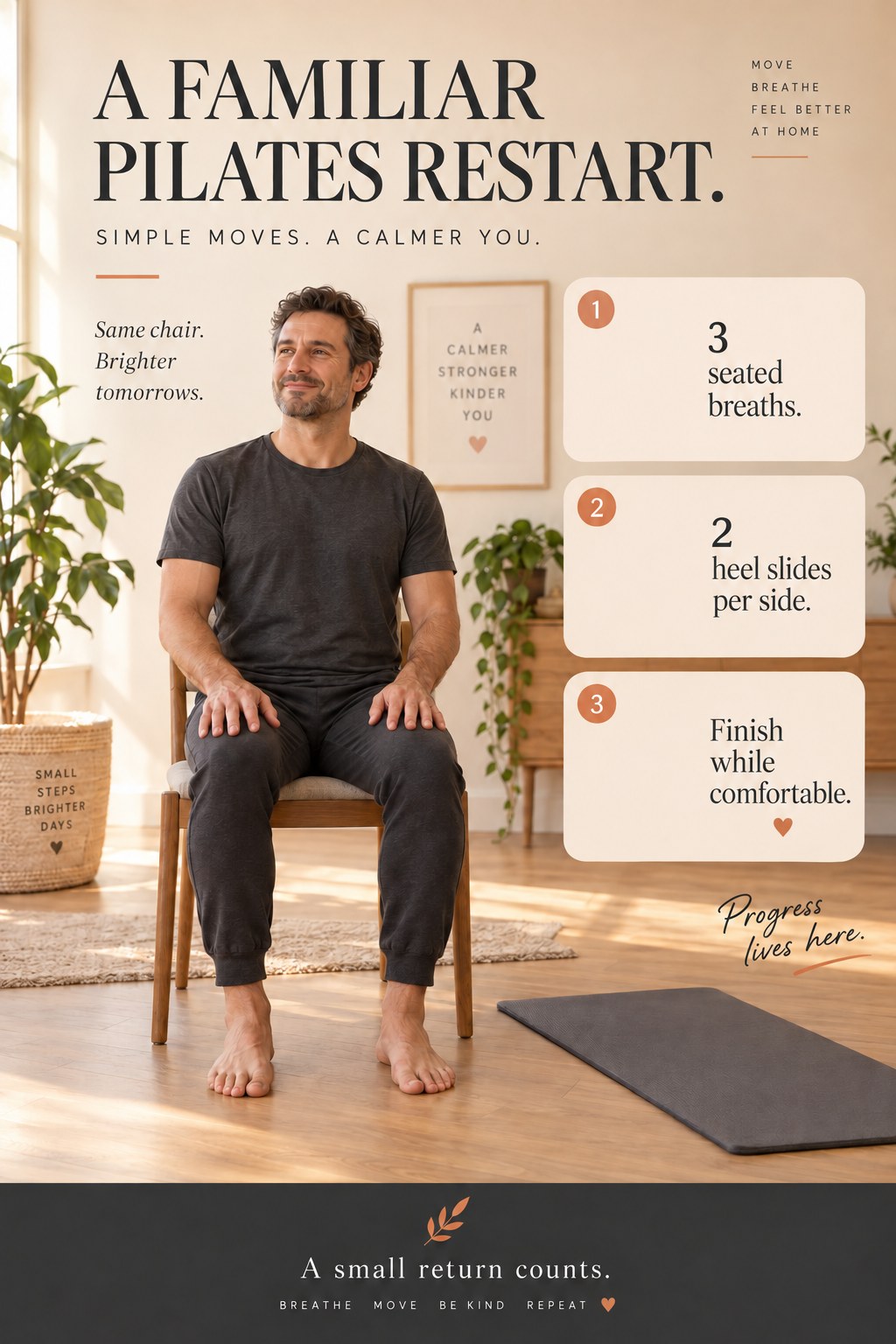 Adult sitting on a sturdy chair beside a Pilates mat with a short restart checklist.