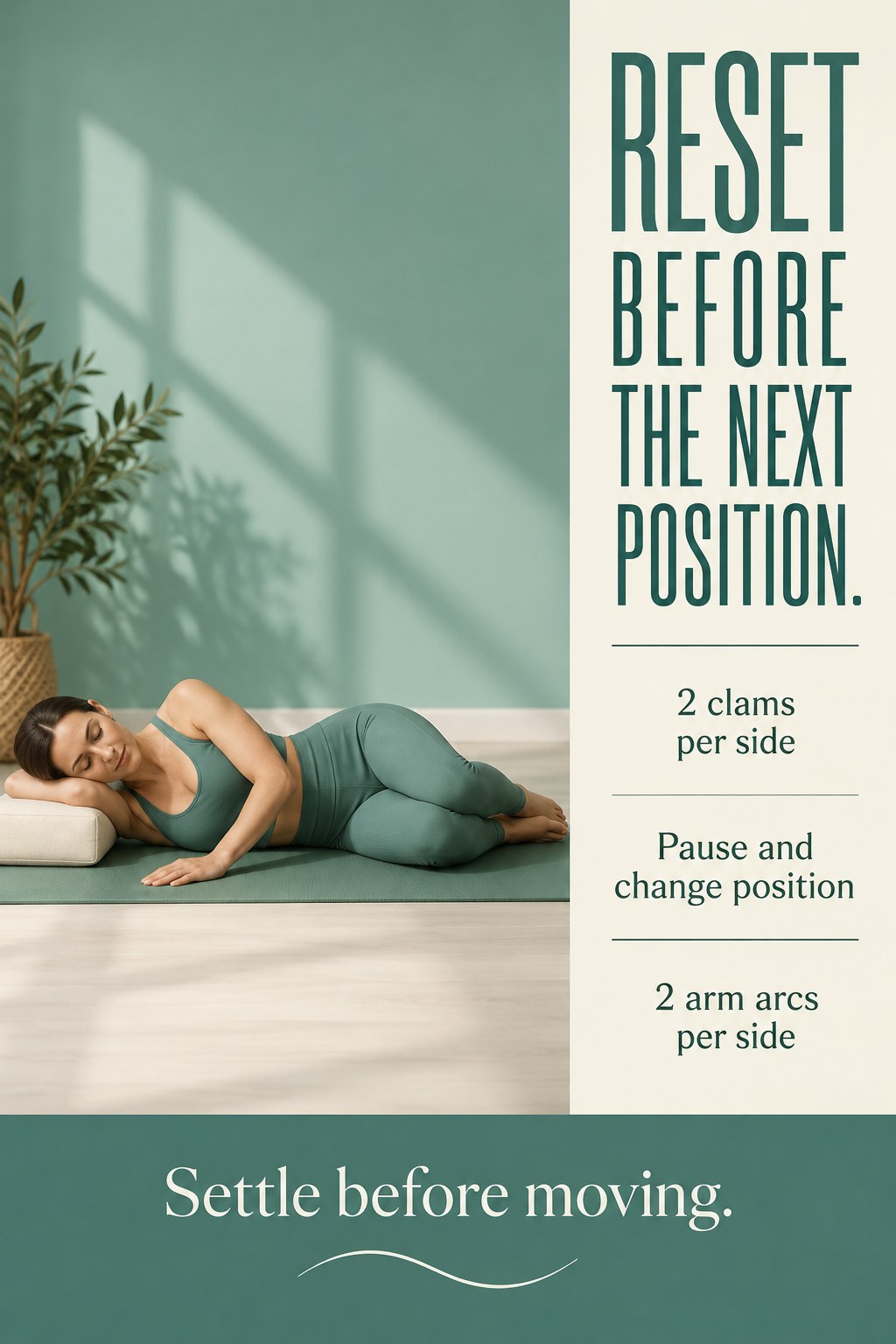 Woman resting on her side with bent knees on a mat and comfortable support beneath her head.