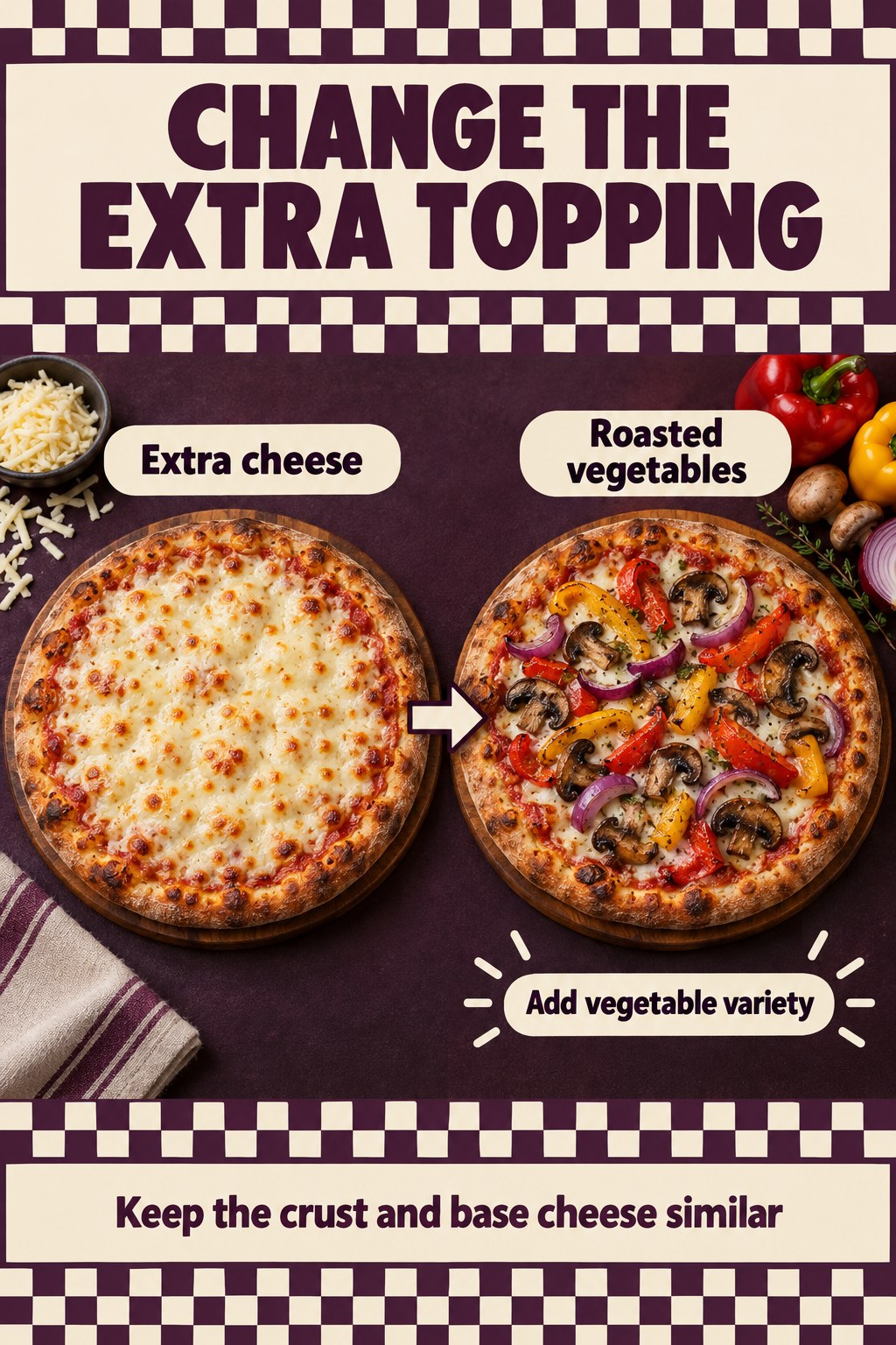Extra-cheese pizza compared with a similar pizza topped with roasted peppers, mushrooms, and onion.