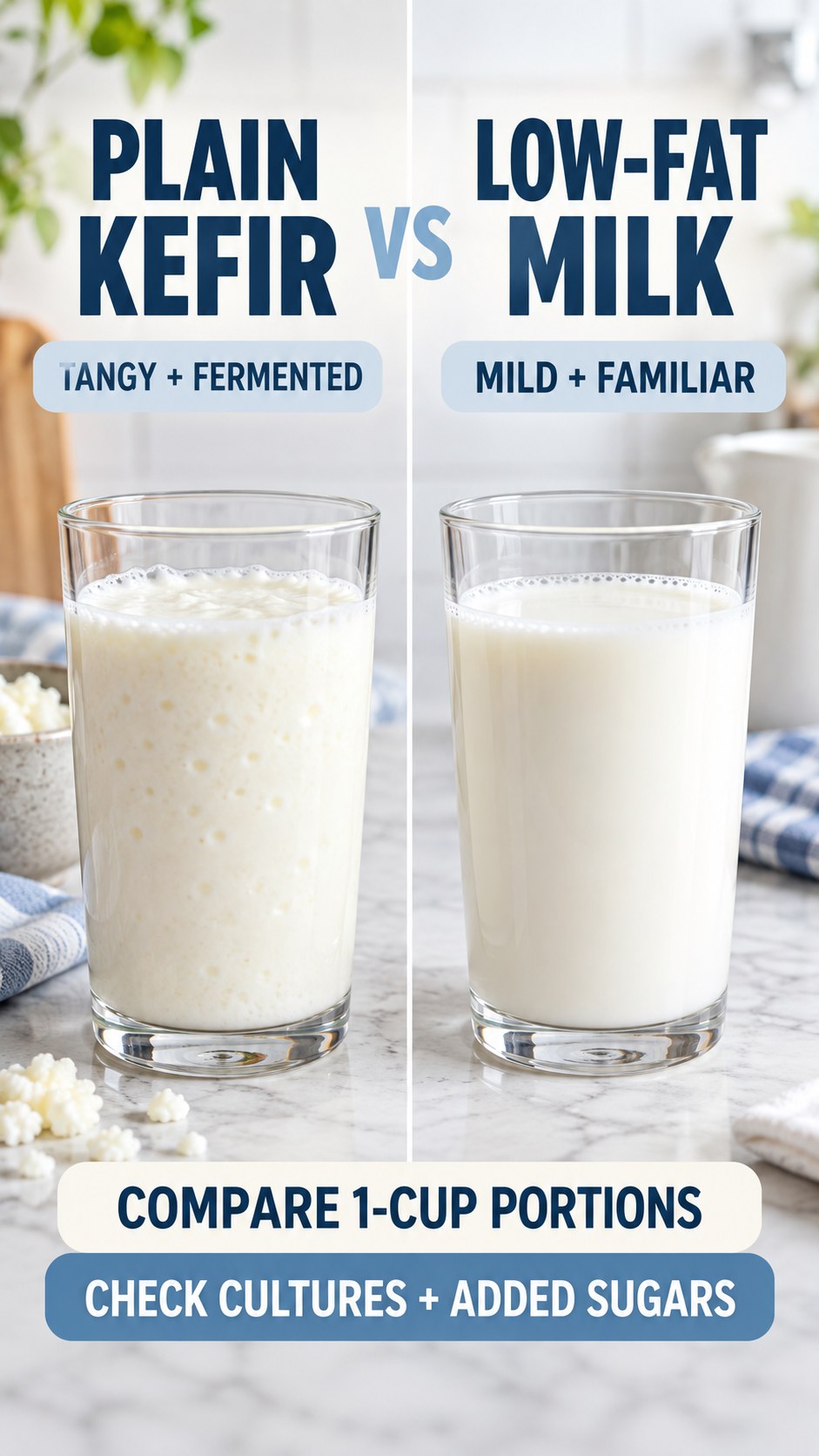 Plain low-fat kefir and milk in equal one-cup glasses, compared for texture, cultures, label details, and snack use.