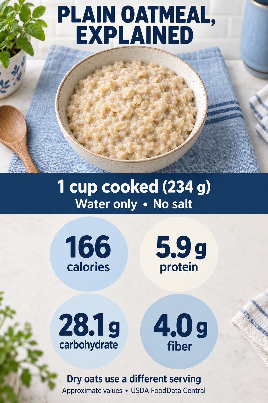 Plain oatmeal fact card with 166 calories, 5.9 g protein, 28.1 g carbohydrate, and 4.0 g fiber per cooked cup of 234 g.