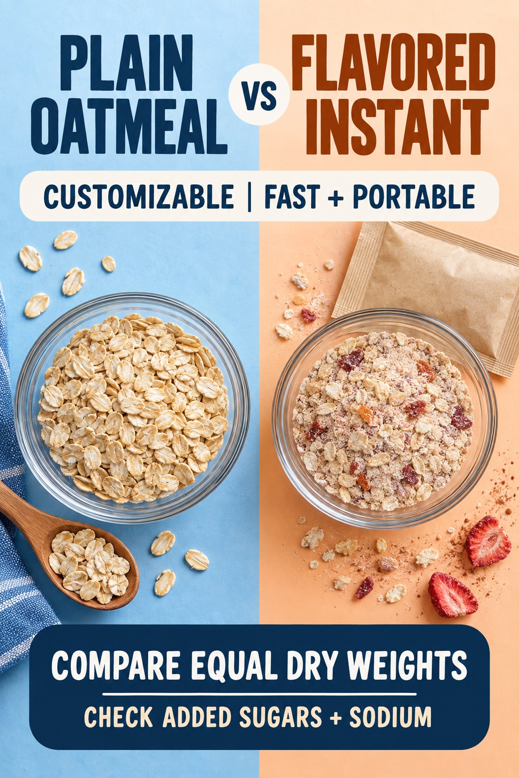 Plain oats and flavored instant oatmeal at equal dry weights, compared for convenience, texture, and label checks.