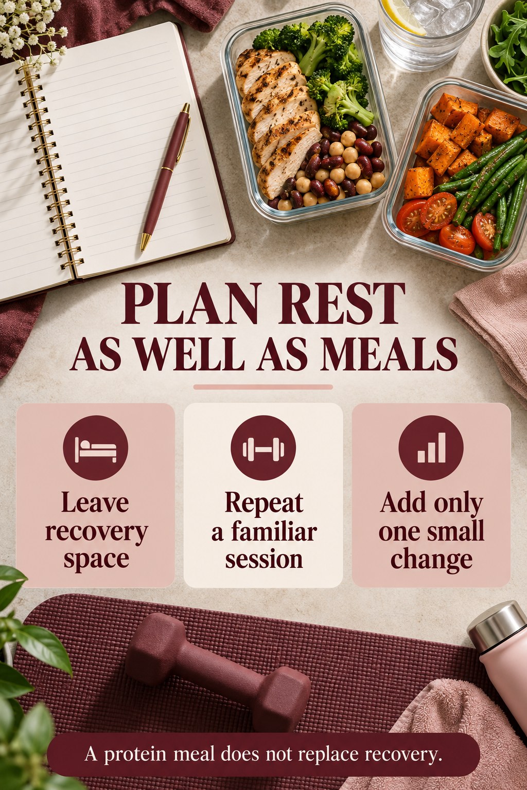Meal containers and a notebook sit above three recovery planning cards, with a dumbbell on a separate burgundy mat.