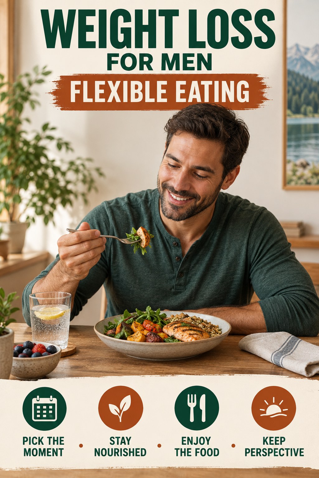 Weight Loss for Men flexible eating graphic titled Planned Enjoyment with four practical balance prompts.