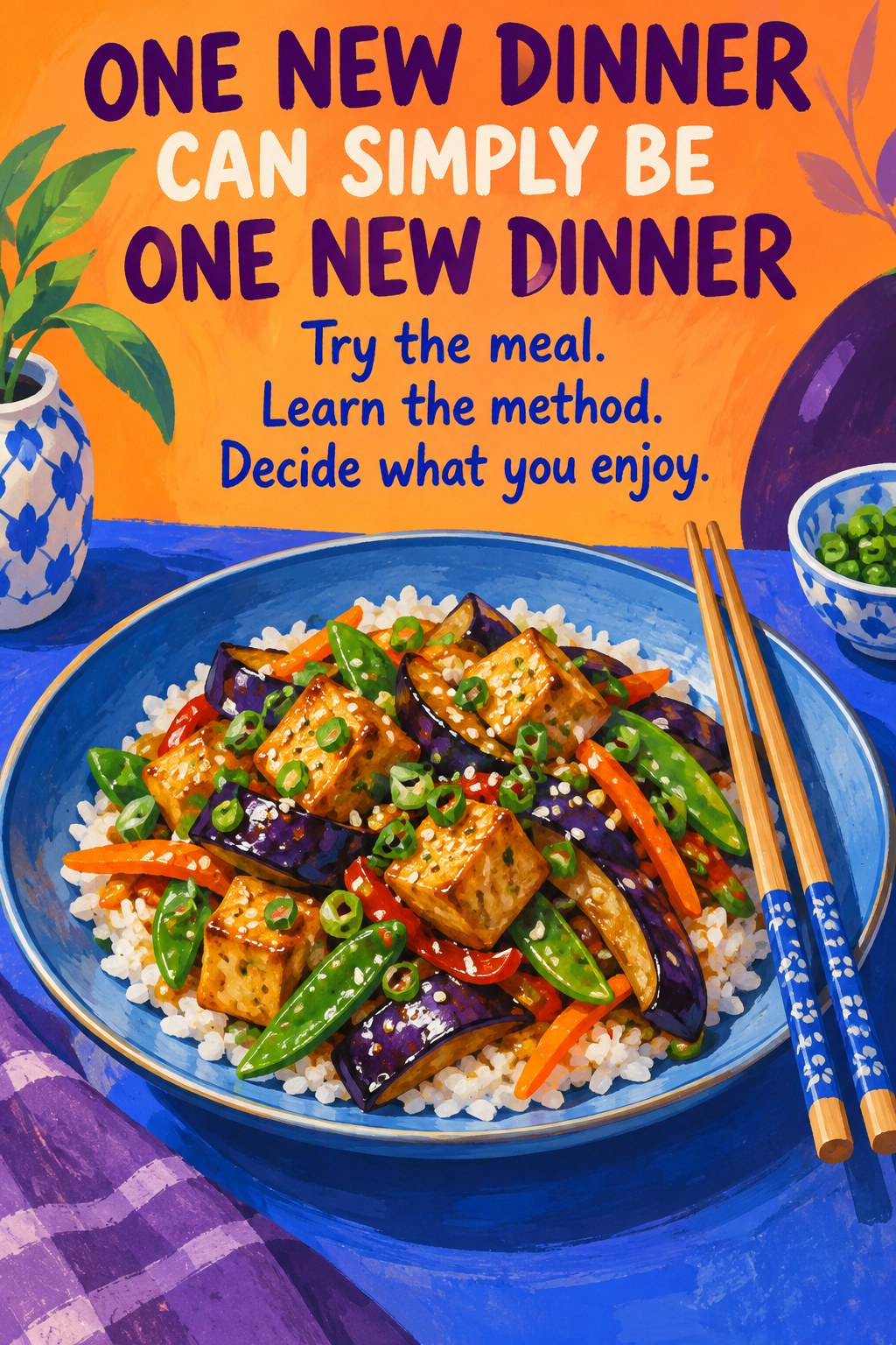 Colorful tofu and vegetable stir-fry with rice beside encouragement to try one dinner without adopting a food label.