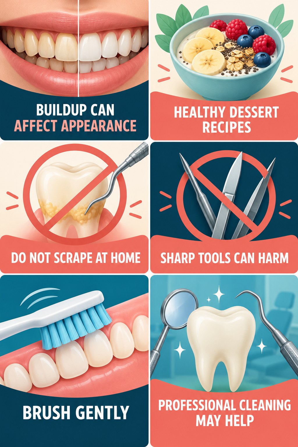 Plaque and Tartar Appearance Questions infographic for Healthy Dessert Recipes with four concise tooth-discoloration safety points.