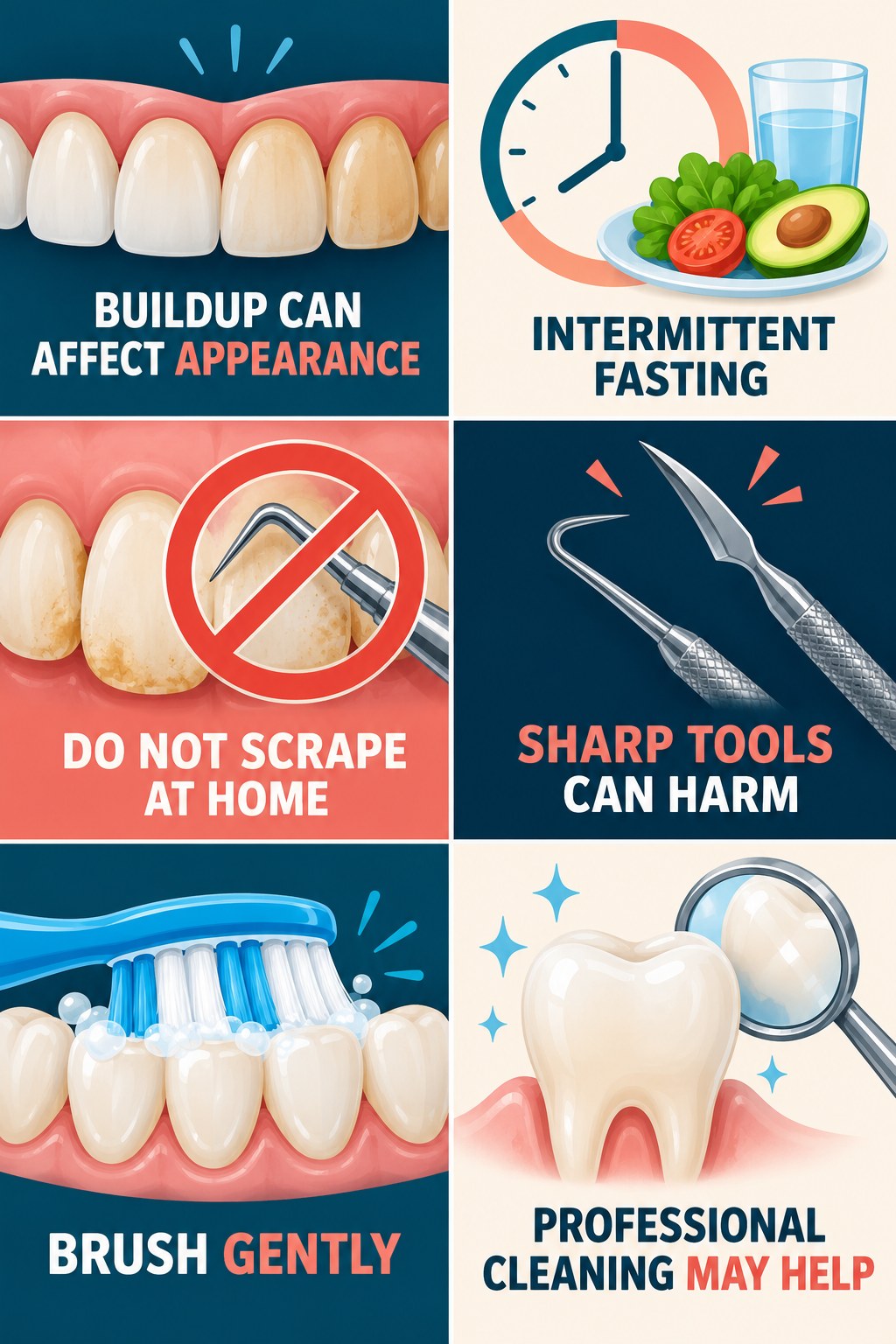 Plaque and Tartar Appearance Questions infographic for Intermittent Fasting with four concise tooth-discoloration safety points.