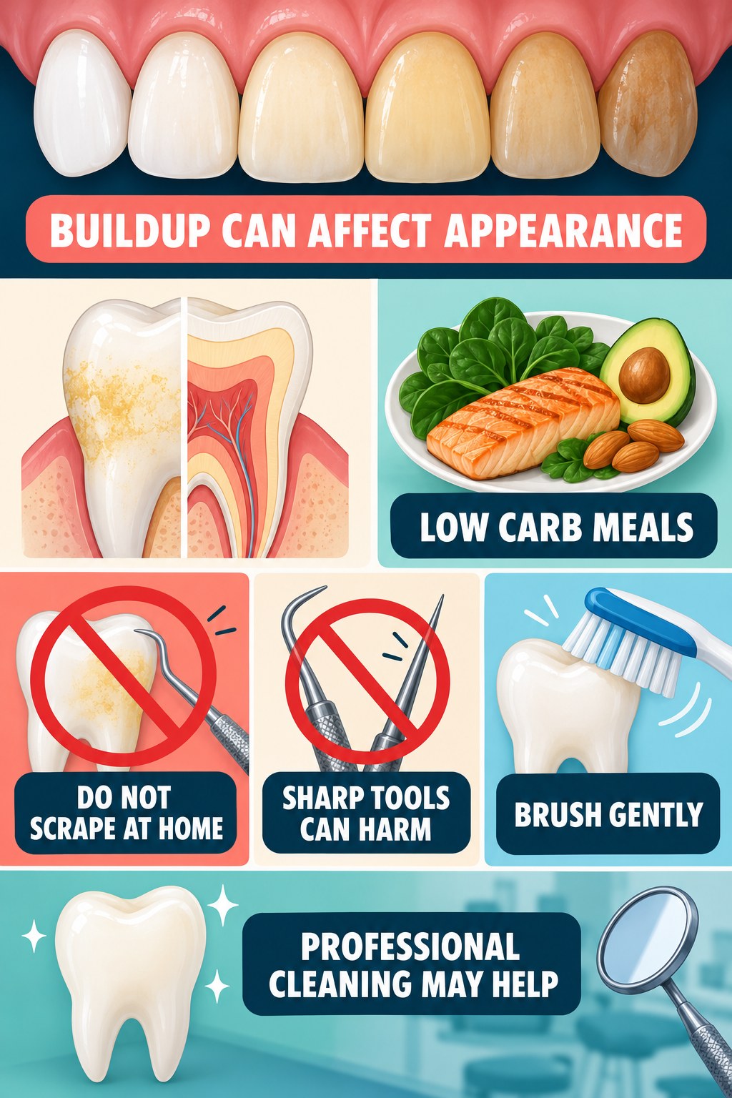 Plaque and Tartar Appearance Questions infographic for Low Carb Meals with four concise tooth-discoloration safety points.