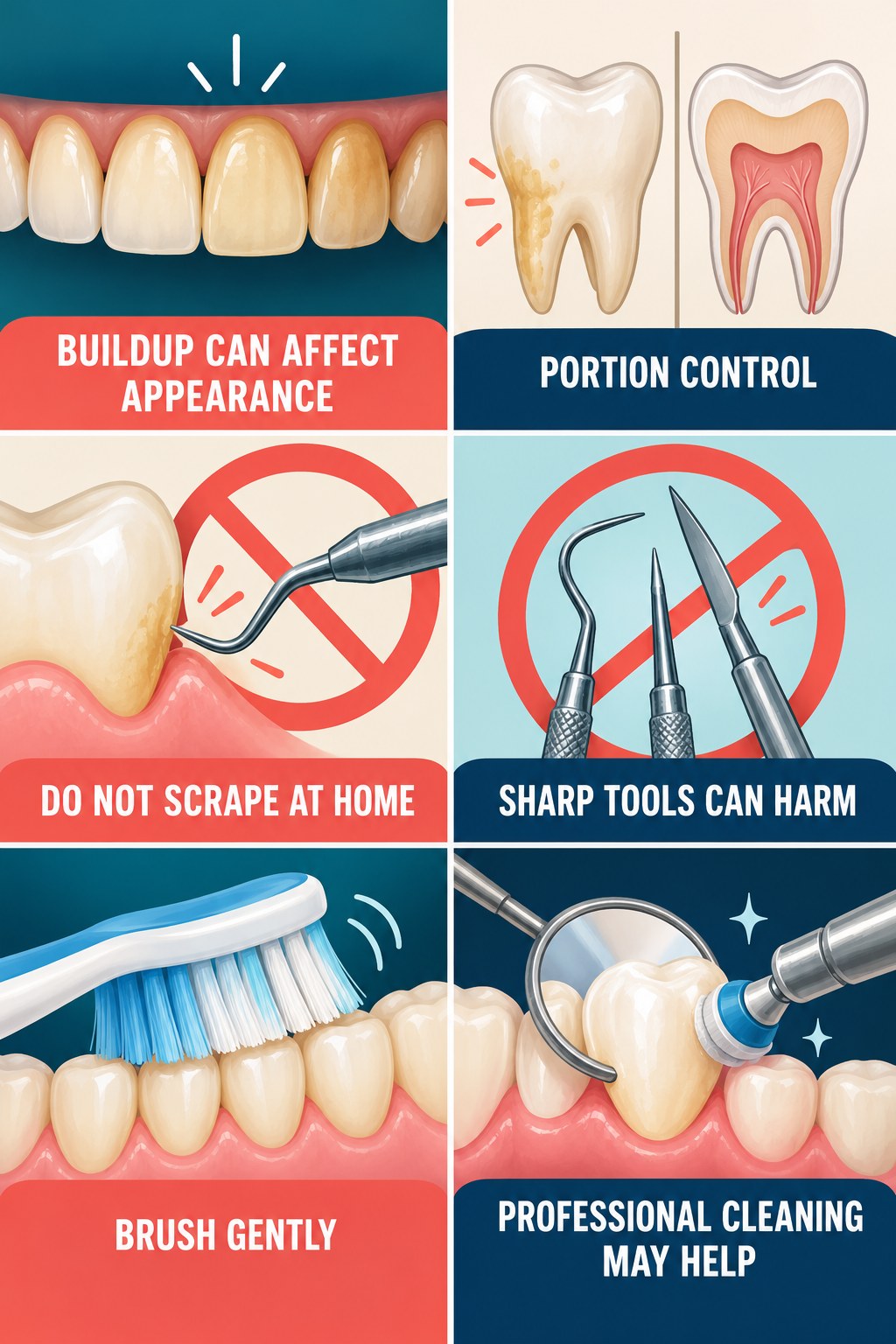 Plaque and Tartar Appearance Questions infographic for Portion Control with four concise tooth-discoloration safety points.