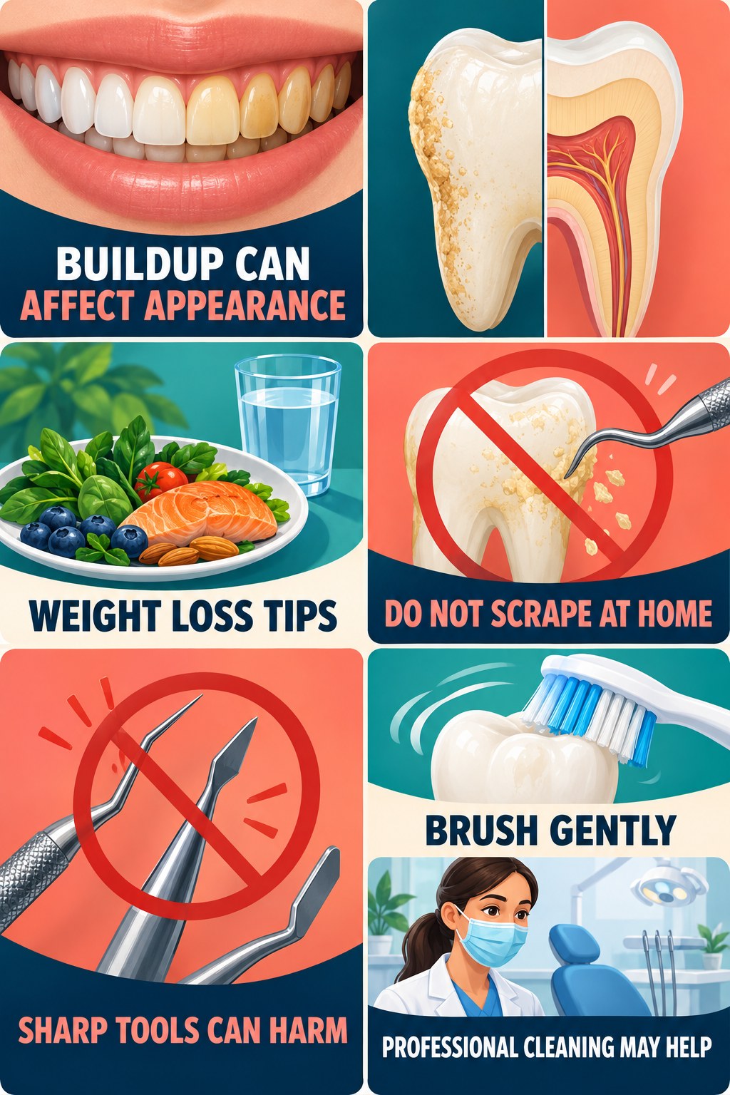 Plaque and Tartar Appearance Questions infographic for Weight Loss Tips with four concise tooth-discoloration safety points.