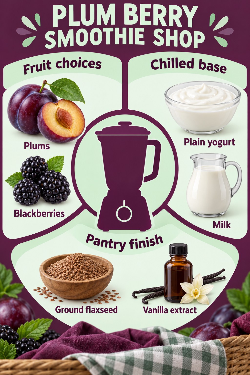 Plum and mint blender checklist listing plums, blackberries, plain yogurt, milk, ground flaxseed and vanilla extract.