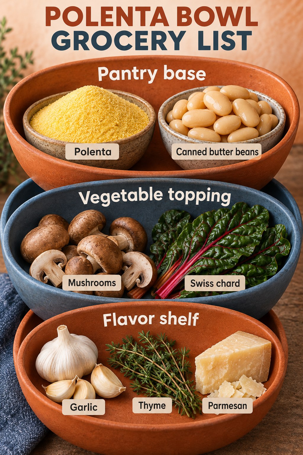 Terracotta and blue bowl-shaped grocery sections listing polenta, butter beans, mushrooms, Swiss chard, garlic, thyme and Parmesan.