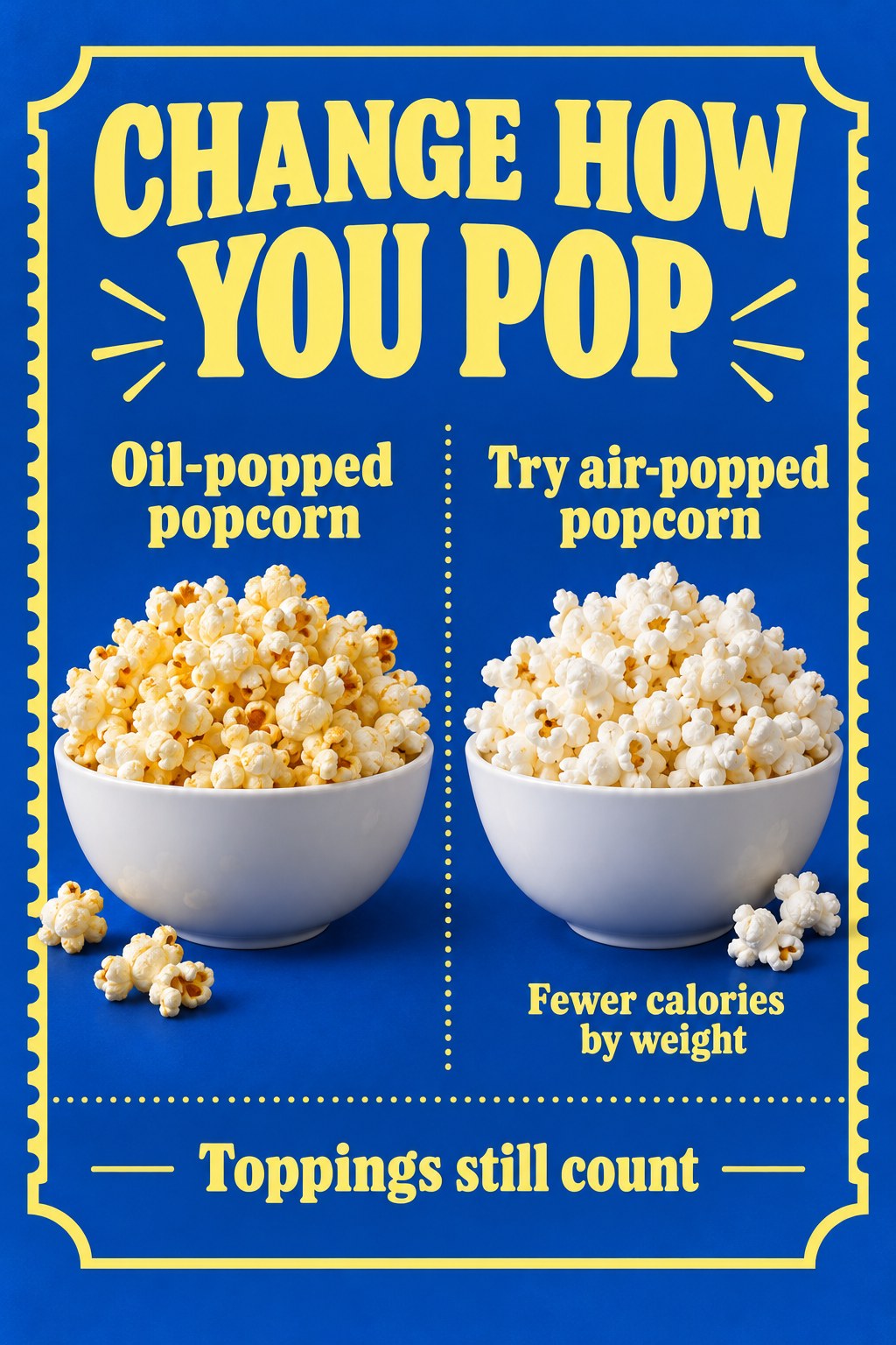 Cobalt cinema-ticket poster compares oil-popped popcorn with air-popped popcorn and reminds readers that toppings still count.