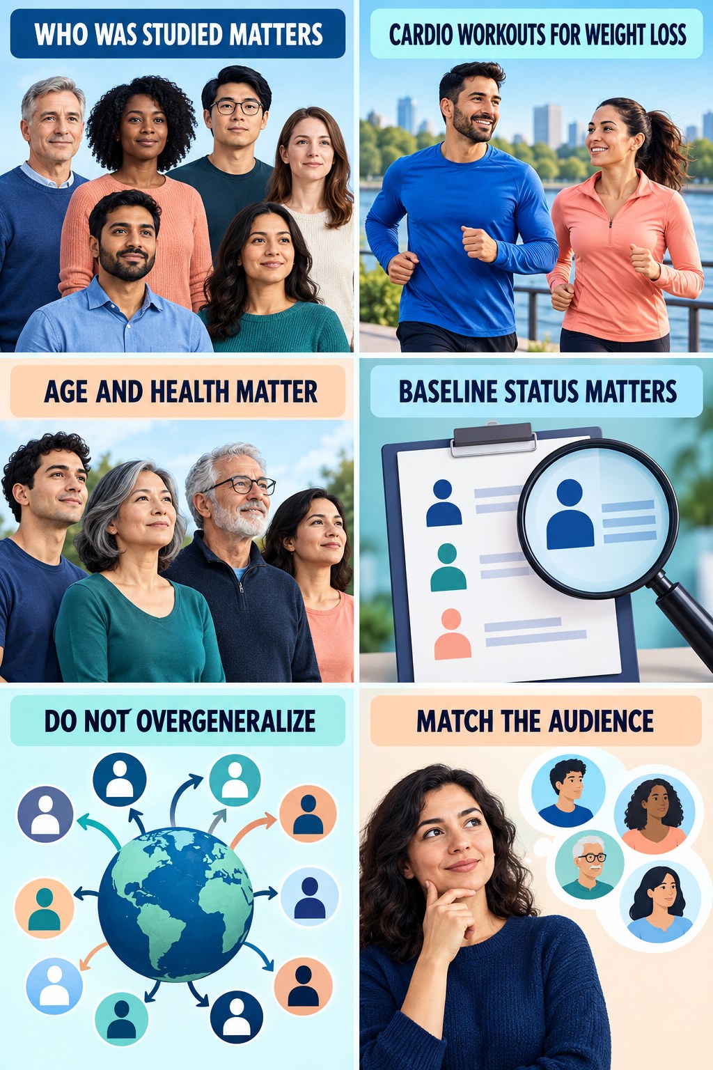 Population Match Determines Relevance evidence-literacy infographic for Cardio Workouts for Weight Loss with four concise claim-evaluation checks.
