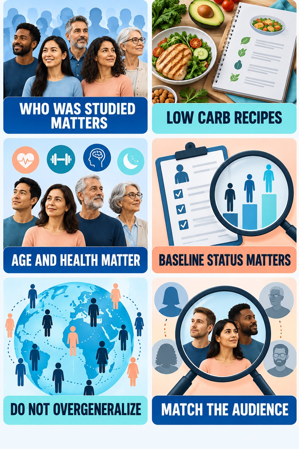 Population Match Determines Relevance evidence-literacy infographic for Low Carb Recipes with four concise claim-evaluation checks.