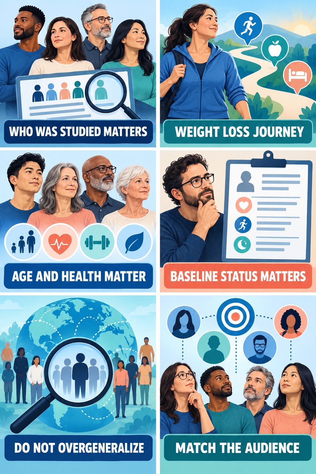 Population Match Determines Relevance evidence-literacy infographic for Weight Loss Journey with four concise claim-evaluation checks.