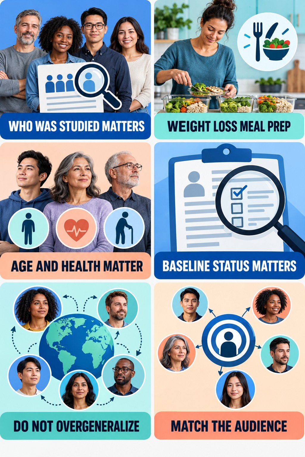 Population Match Determines Relevance evidence-literacy infographic for Weight Loss Meal Prep with four concise claim-evaluation checks.