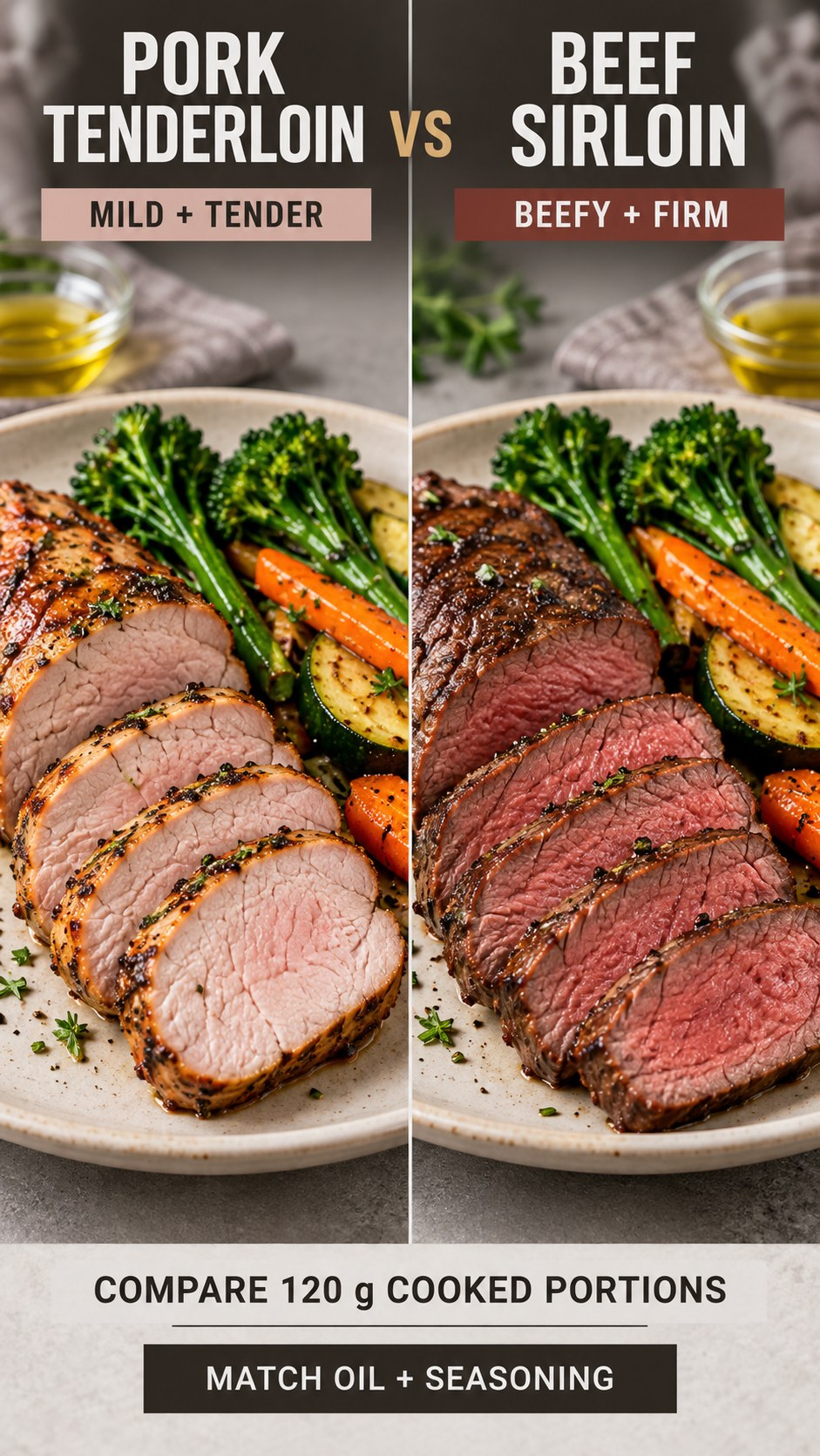 Sliced pork tenderloin and beef sirloin in equal cooked portions with matching vegetables for dinner.