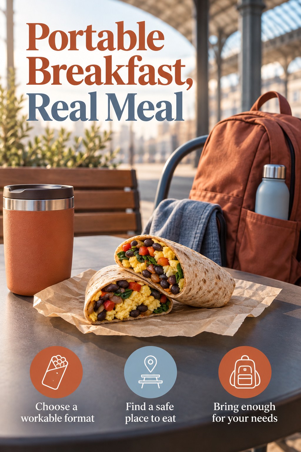 Egg and bean breakfast wrap on a napkin at a station cafe table with practical portable breakfast reminders.
