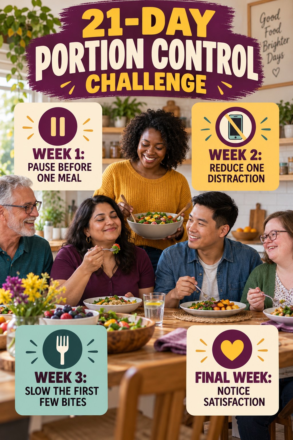 21-day Portion Control challenge graphic showing four manageable milestones for consistent practice.