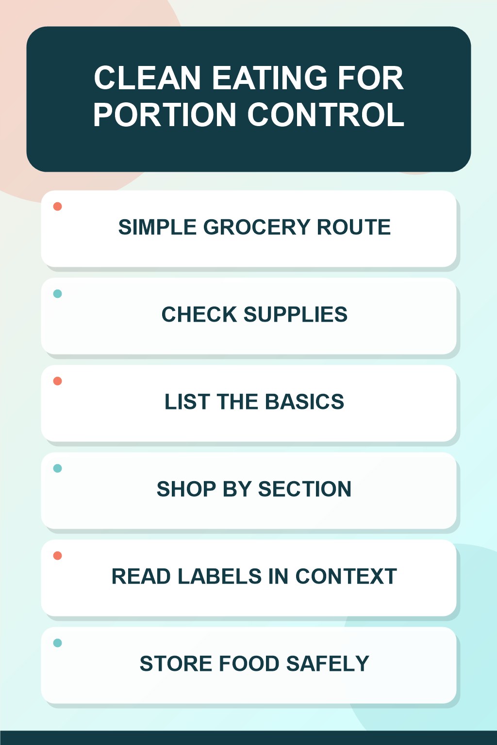 Simple Grocery Route clean eating infographic for Portion Control, showing five practical planning and preparation stages.