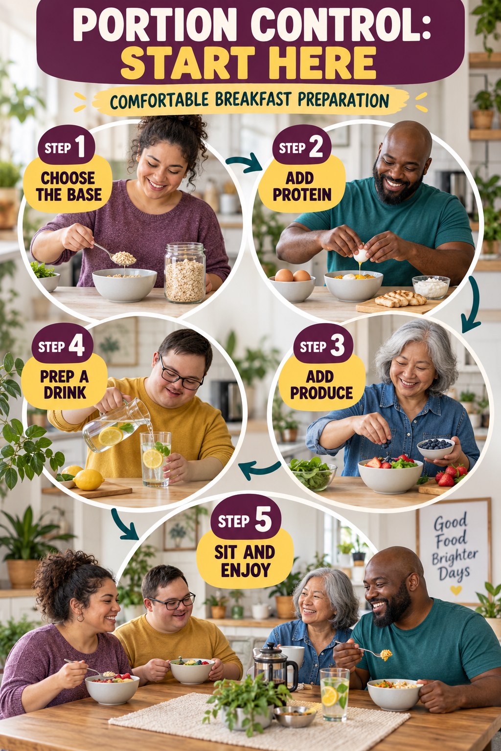 Portion Control beginner guide graphic showing five manageable stages for comfortable breakfast preparation.