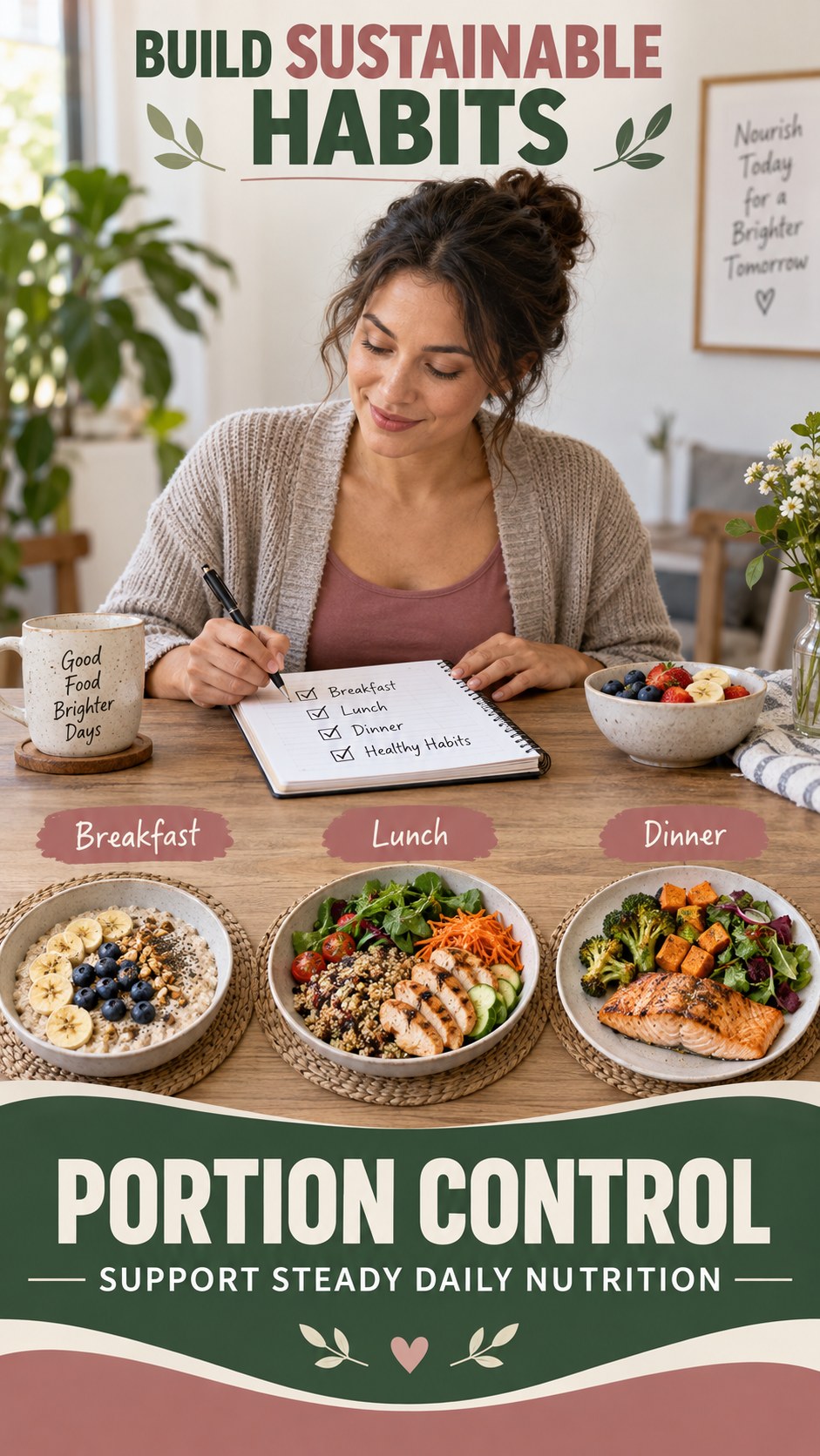 Steady Daily Nutrition infographic for Portion Control, showing practical metabolism-support habits for an active lifestyle.