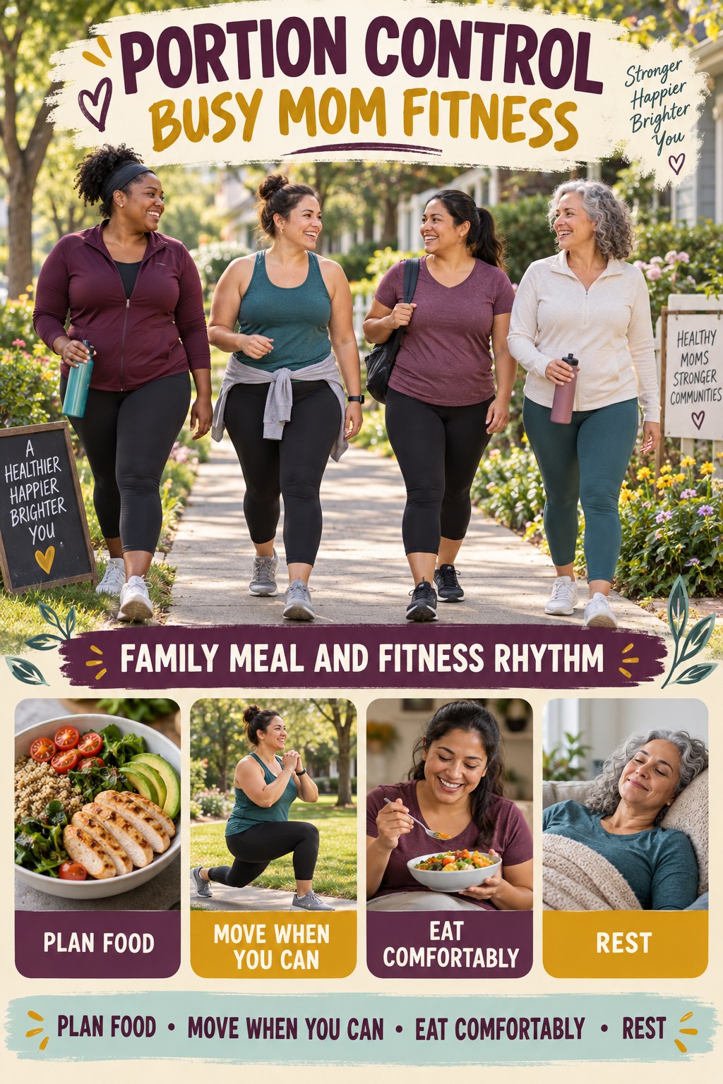 Portion Control busy-mom fitness graphic titled Family Meal and Fitness Rhythm with four practical movement prompts.