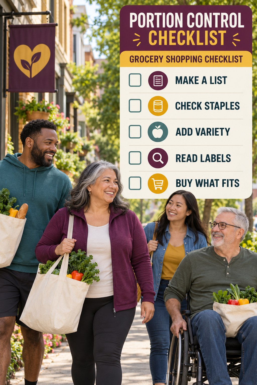 Portion Control checklist graphic titled Grocery Shopping Checklist with five clear practical wellness items.