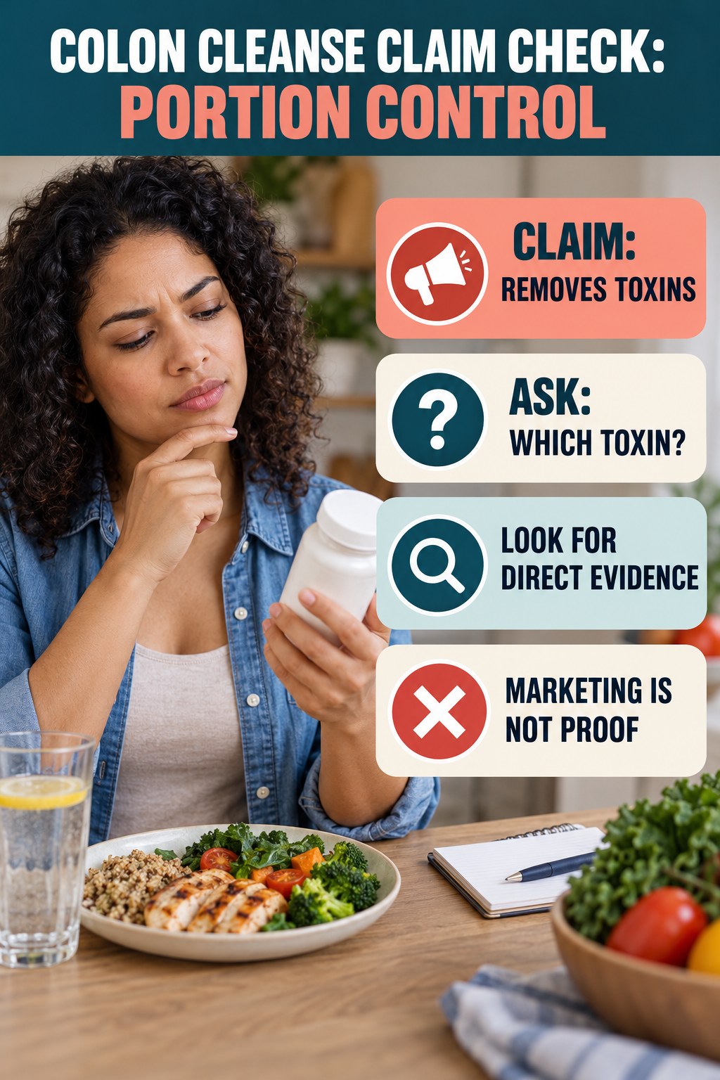 Undefined Toxin Claims infographic for Portion Control, separating a colon-cleanse marketing claim from evidence, reasonable conclusions, and safety context.