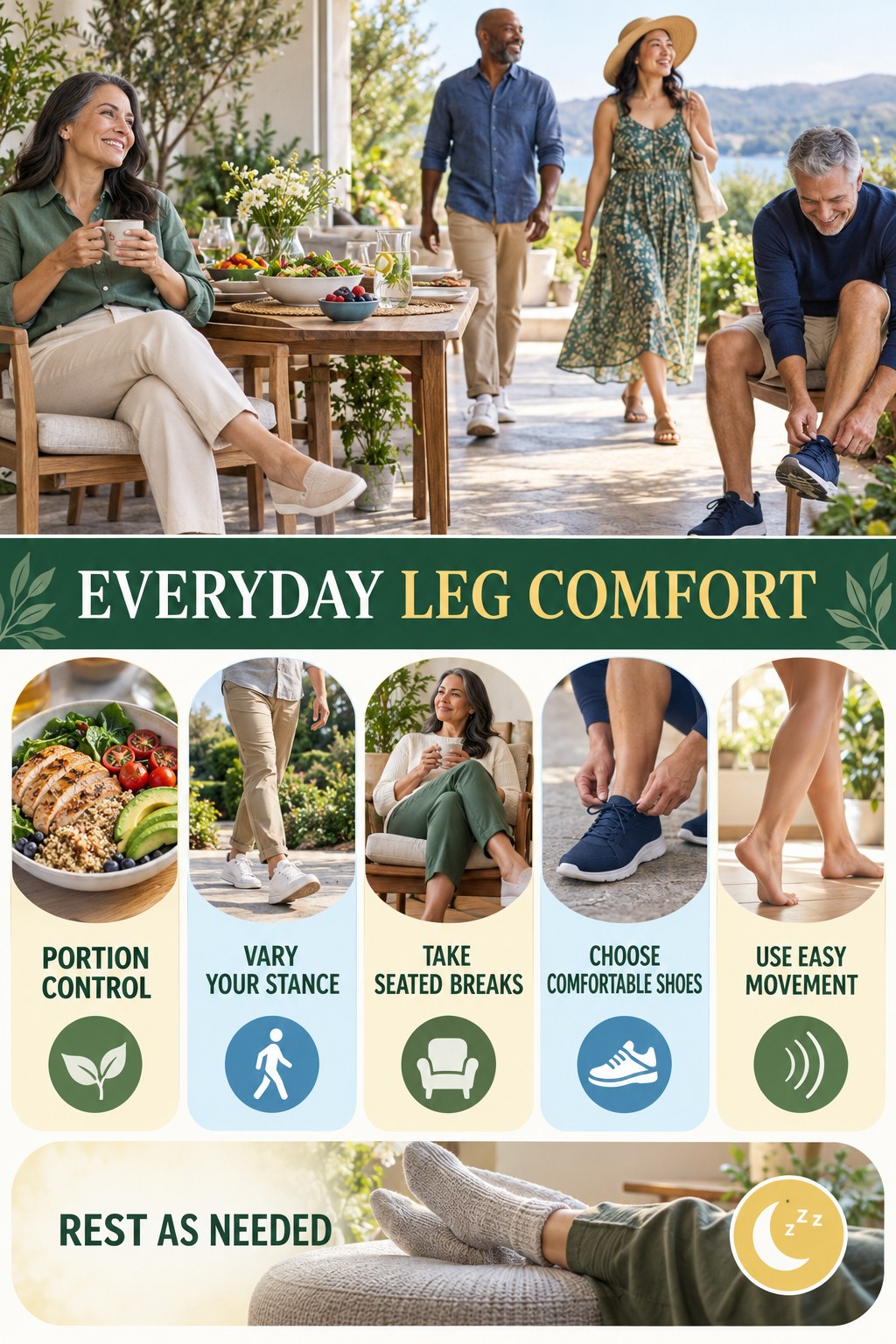 Comfort After a Day on Your Feet infographic for Portion Control with five gentle movement, position, footwear, recovery, or safety actions.