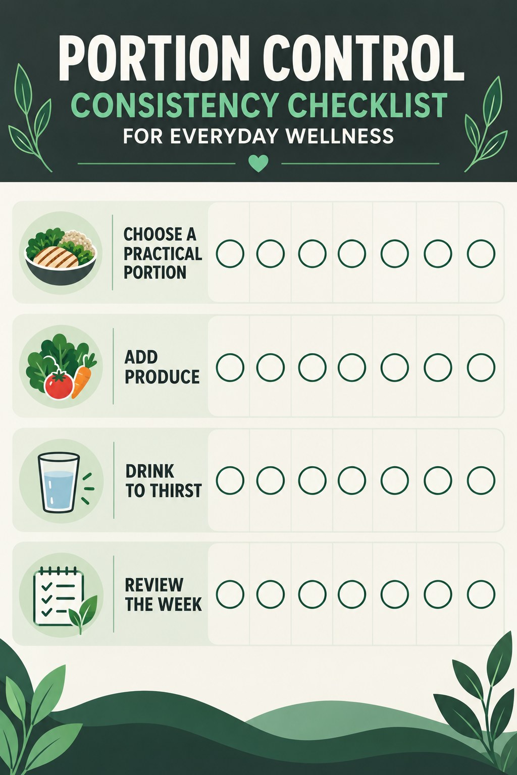 Portion Control Consistency Checklist for Everyday Wellness infographic with checkboxes for choose a practical portion, add produce, drink to thirst, review the week.